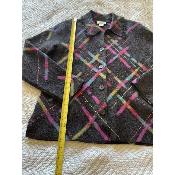 Vintage Talbots Boiled Wool Grey & Rainbow Disco Button Up Fringe Cardigan Med - Picture 7 of 9